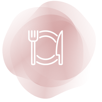 Rosa Kreis mit Teller, Gabel und Messer – Icon Ernährung